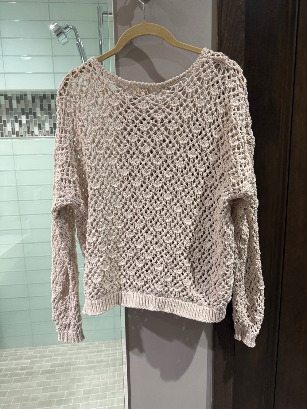 Light cream Open-Knit Crewneck Sweater - Picture 4 of 6